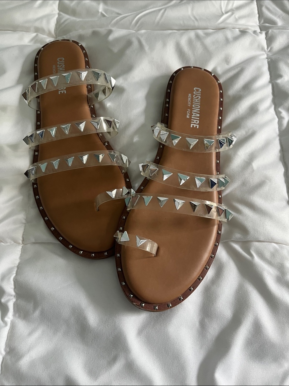 Cushionaire Tan Slide Sandals with Silver Pyramid Studs